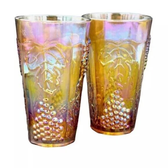 Colony Amber Carnival Glass Flat Bottom Cooler Glasses Grapes Leaves 5 3/4 Set 2 - Picture 2 of 7
